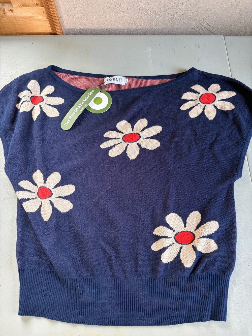 OXKNIT Retro 70s Daisy Flower Short Sleeve Knit Top Navy Blue Size L NWT